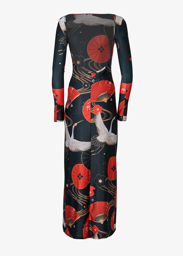 JAPANESE-PRINT BACKLESS MAXI DRESS