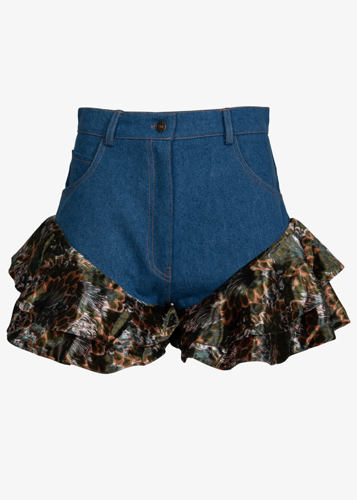 VELVET AND DENIM RUFFLE SHORTS