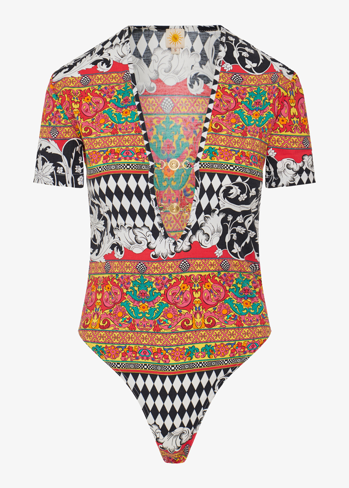 CUTOUT MIXED-PRINT BODYSUIT
