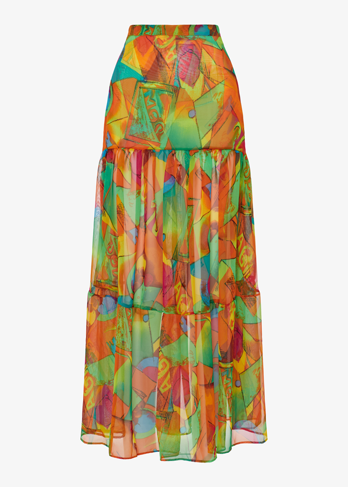 TROPICAL PRINT LONG TIERED SKIRT